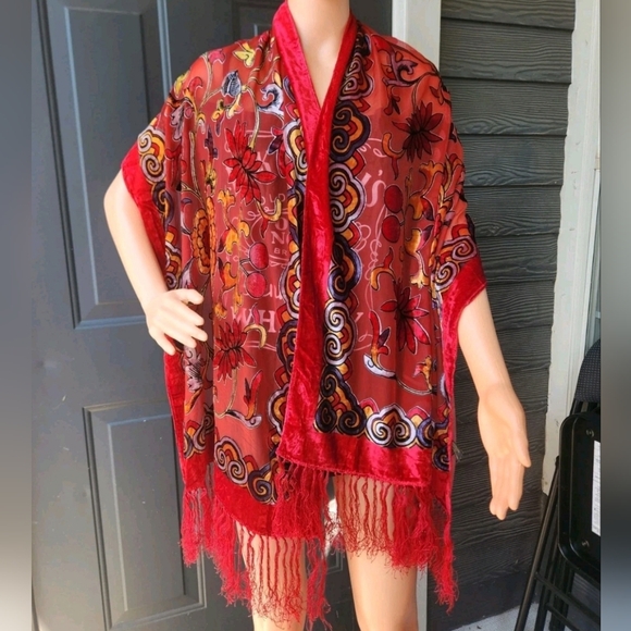 J&X NY Red Floral Silk Viscose Velvet Burnout Fringed Scarf Shawl Wrap 76x20 - Picture 2 of 16
